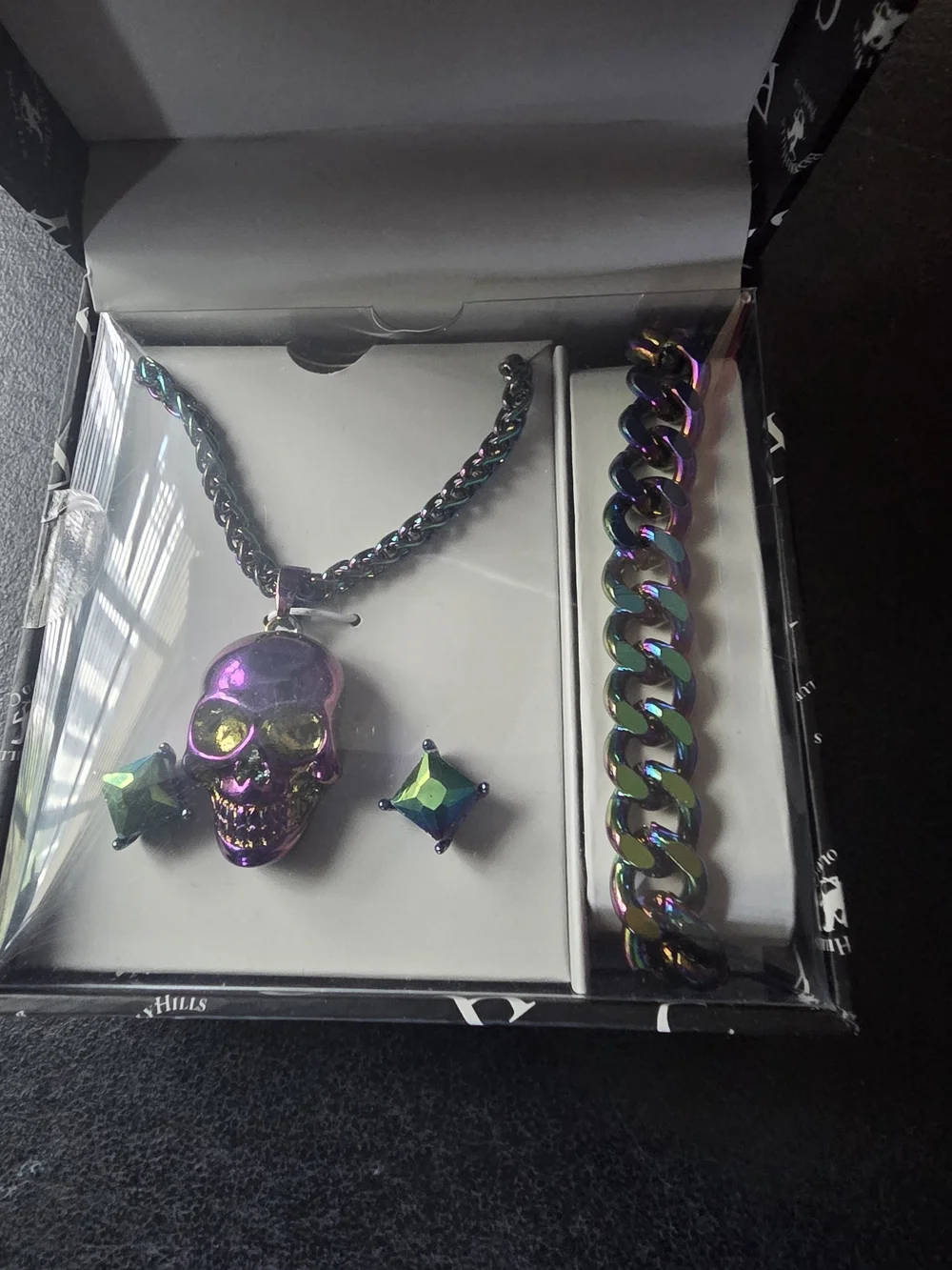 Beverly Hills Polo Club Iridescent Skull Necklace Earrings  and Bracelet Set